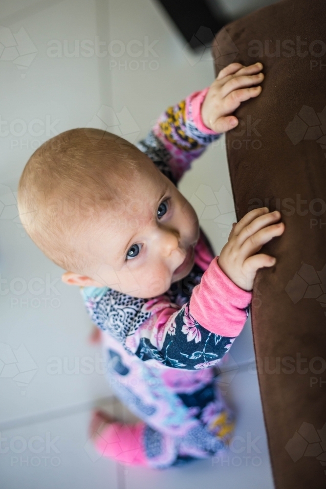 Baby kneeling on floor with hands holding on to brown lounge - Australian Stock Image