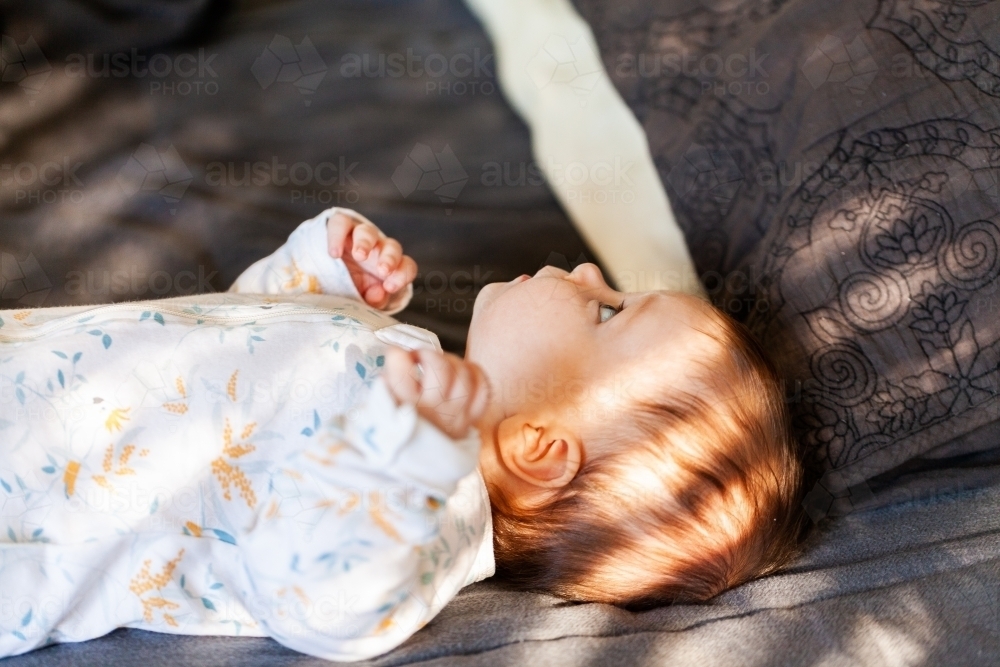 Baby lying on bed looking up with morning sunlight coming through window - Australian Stock Image