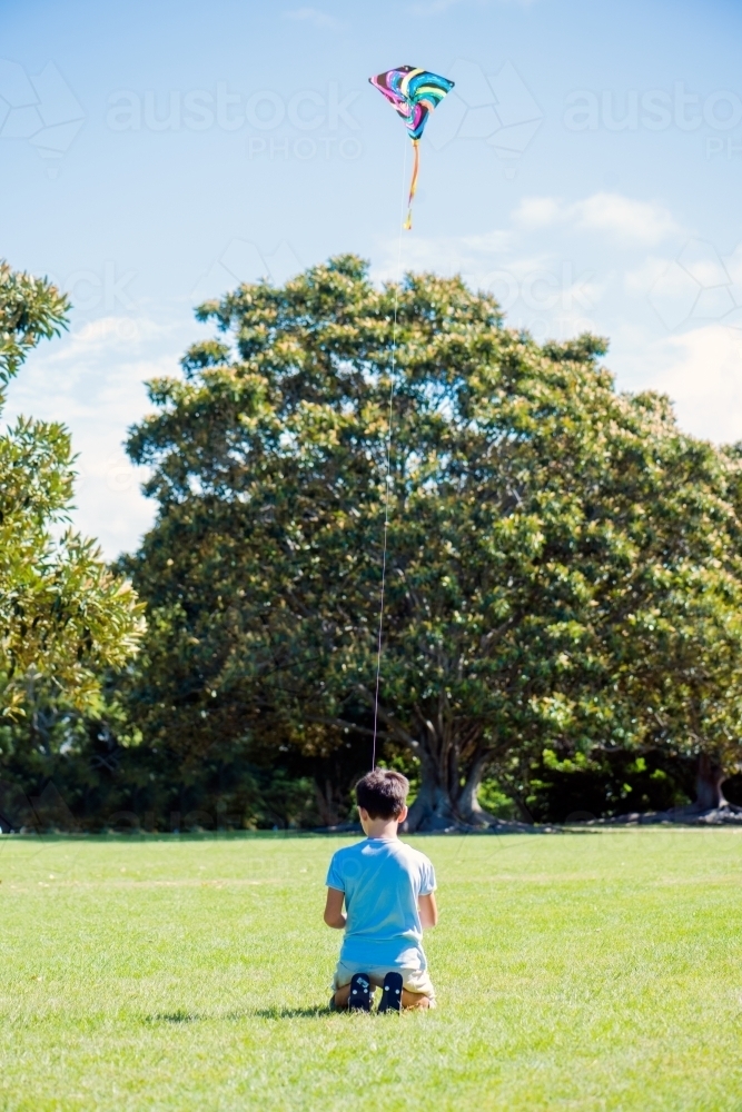 Back of a boy sitting on the ground in a park flying a kite. - Australian Stock Image