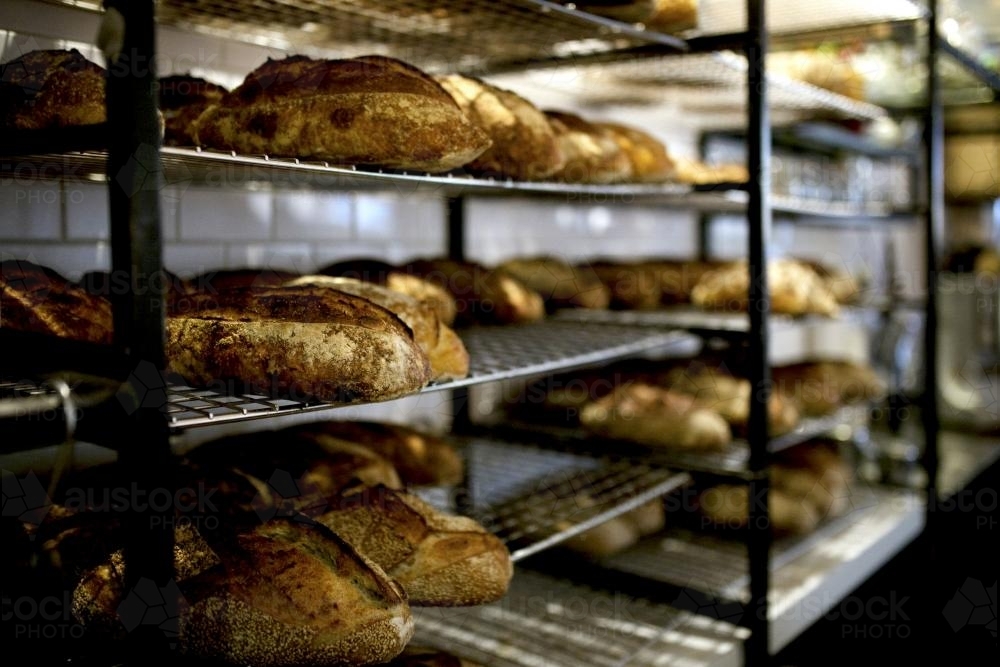 Bakery racks of fresh bread - Australian Stock Image