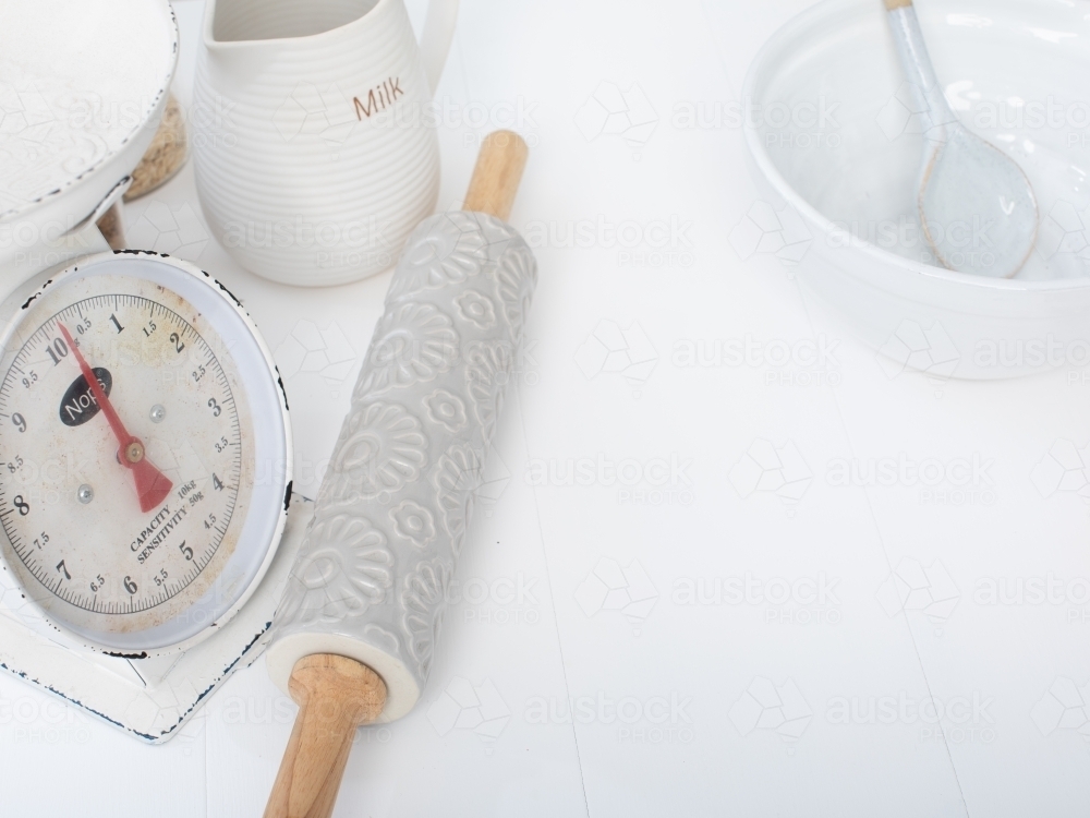 Baking utensils on white background - Australian Stock Image