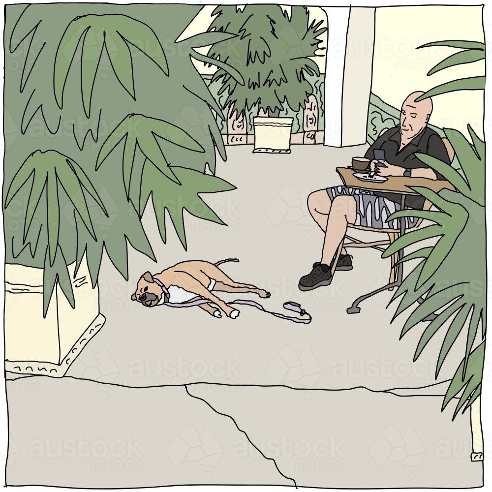 Bald man having coffee with dog resting nearby - Australian Stock Image