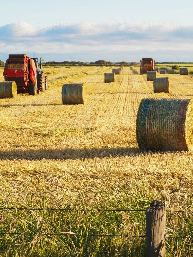 Baling contractors baling hay - Australian Stock Image