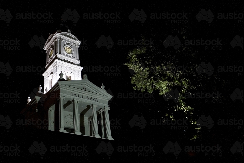 Ballarat Railway Station clock tower against black sky - Australian Stock Image