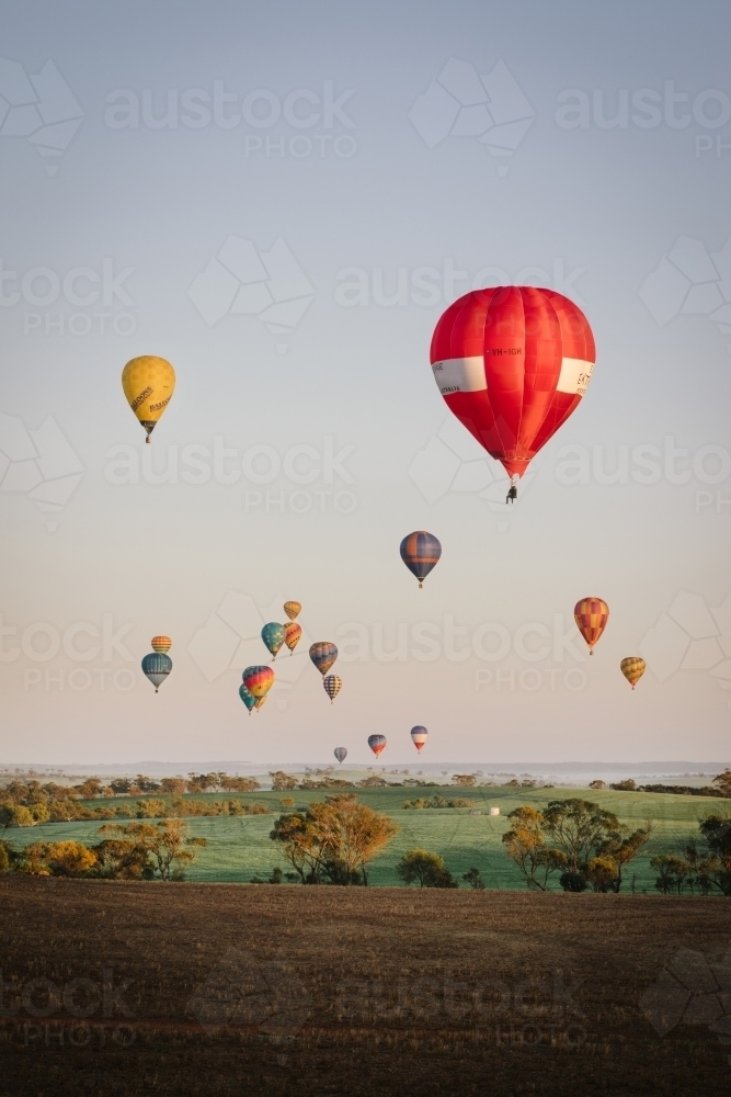 Ballooning over farmland in Avon Valley in Western Australia - Australian Stock Image