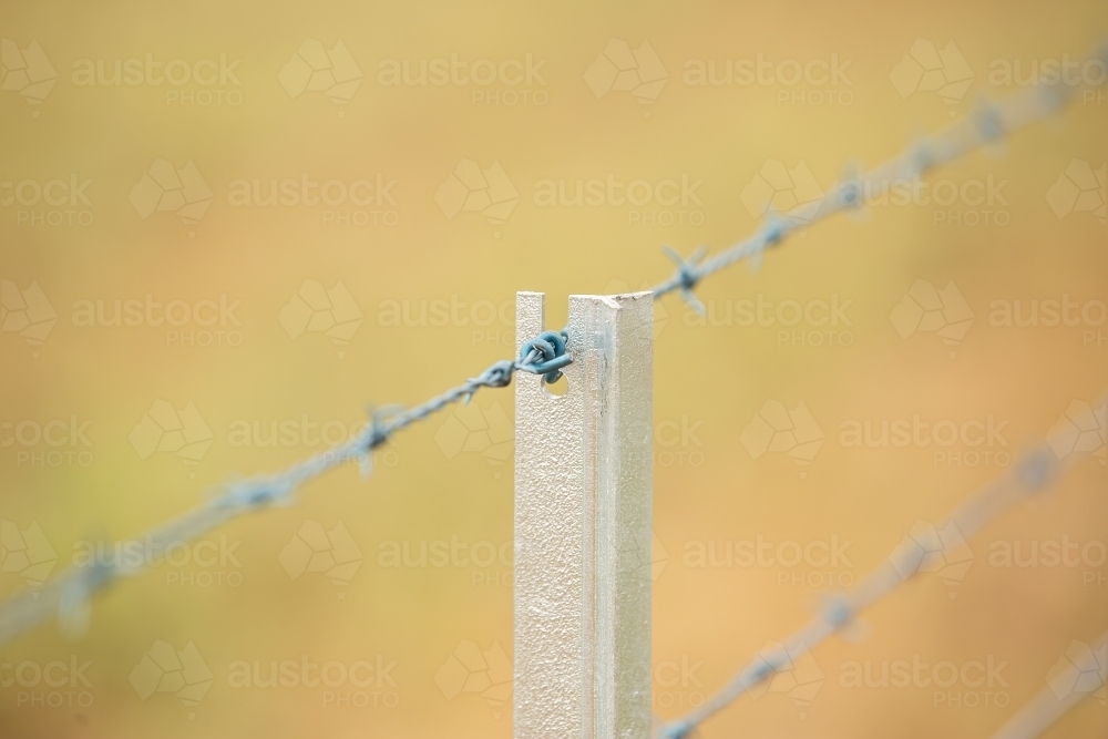 Barbed wire on a new fence post - Australian Stock Image