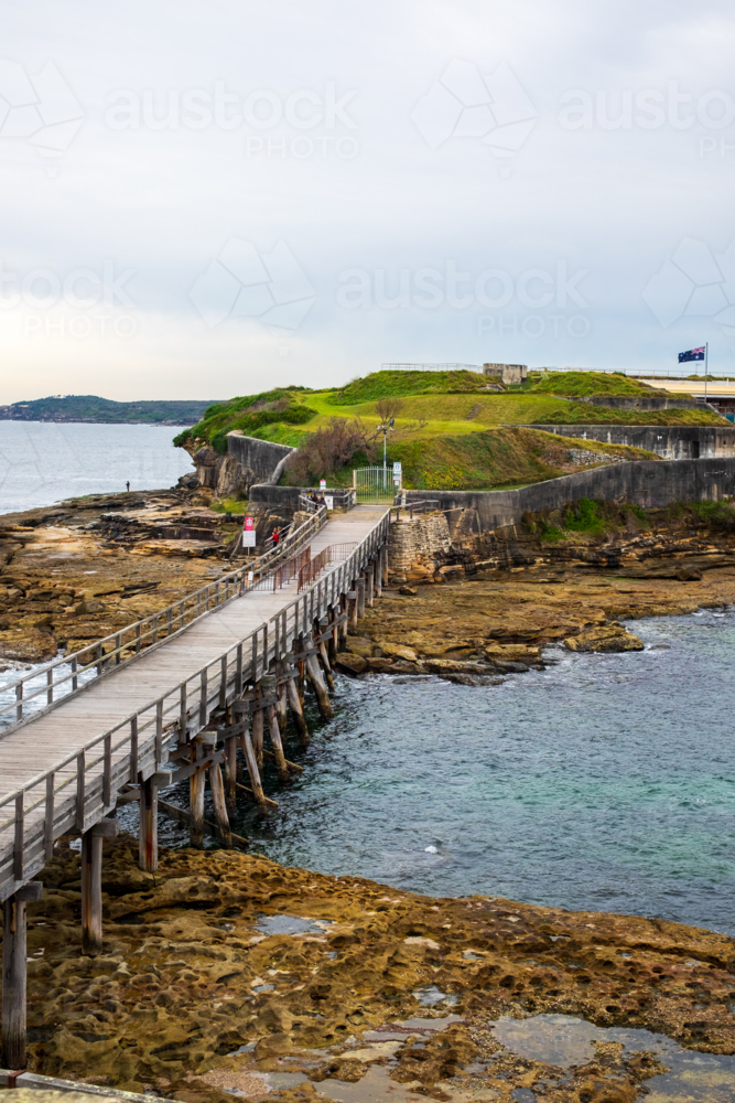 Bare Island and the wooden bridge - Australian Stock Image
