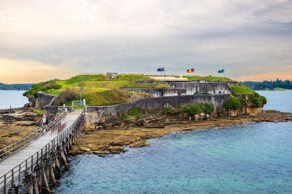 Bare Island and the wooden bridge - Australian Stock Image