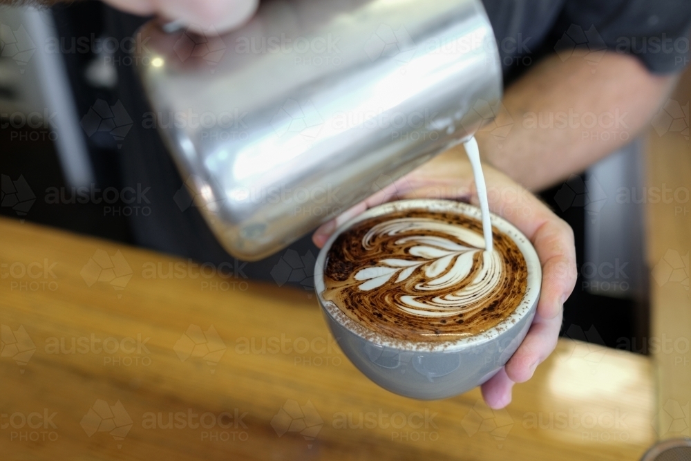 Barista Pouring Milk To Make Coffee Cappuccino Art Barista Pouring Milk To Make Coffee Cappuccino Art
