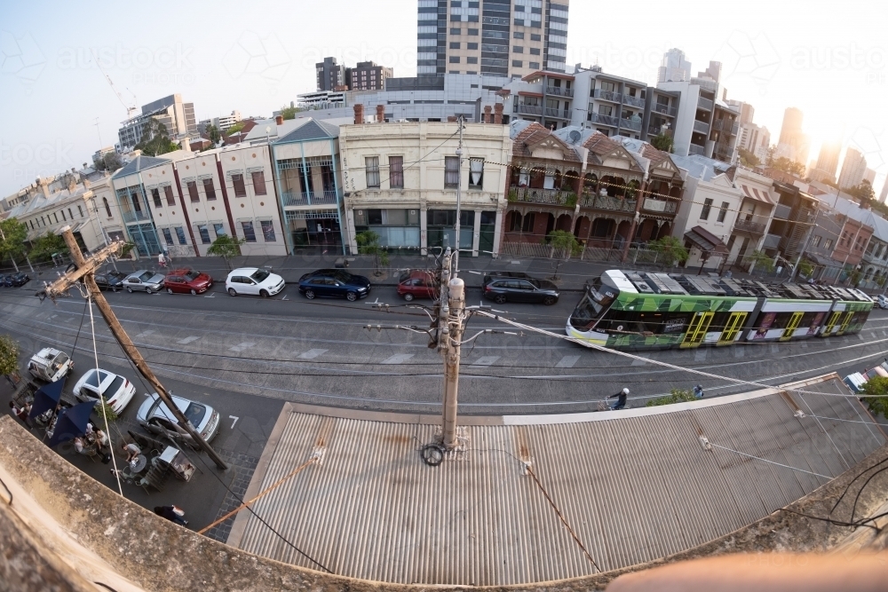 Barrel lens distortion of streetscape taken from rooftop - Australian Stock Image