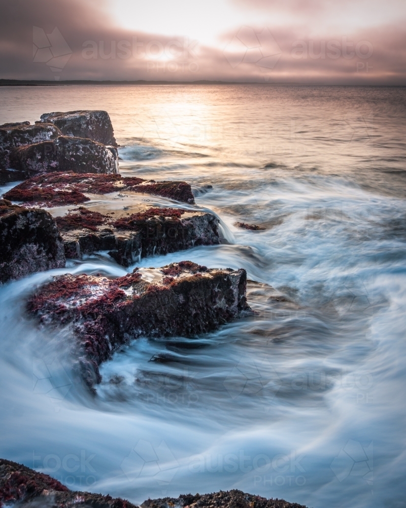 Red Moss Covered Rock Pools, Being Hit by Waves of the Oncoming Tide at Sunrise - Australian Stock Image