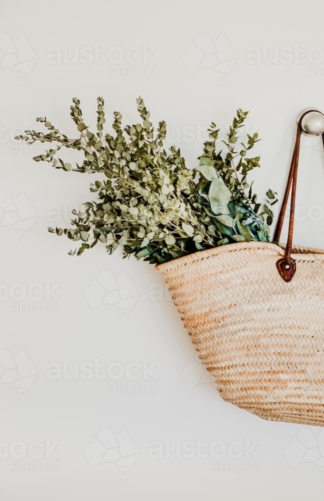 Basket of native leaves hanging on a doorknob. - Australian Stock Image