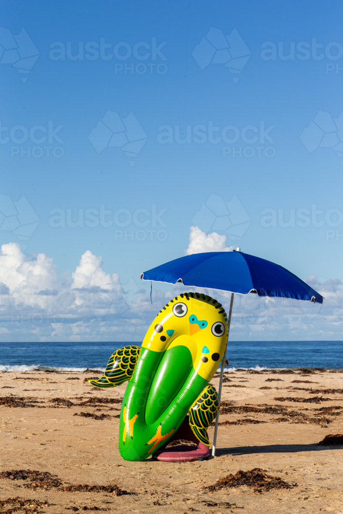 Beach, Budgie and Blue Brollie - Australian Stock Image
