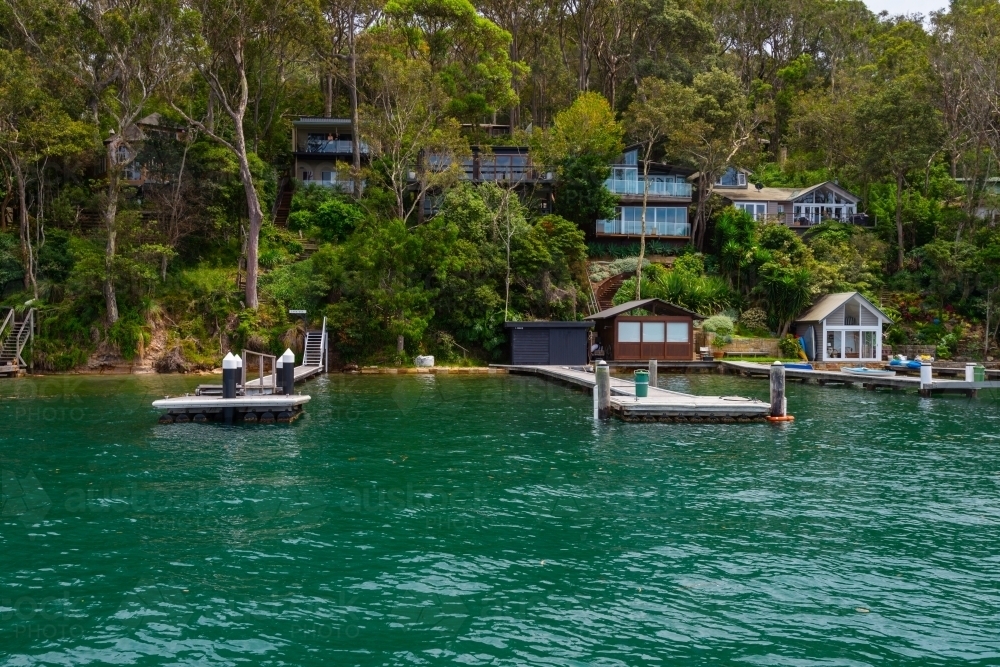 beach homes on the Pittwater, Central Coast side - Australian Stock Image