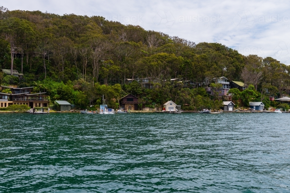 beach homes on the Pittwater, Central Coast side - Australian Stock Image