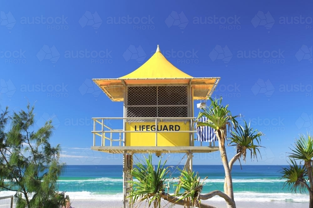 Beach Lifeguard Hut with Ocean in the Background - Australian Stock Image