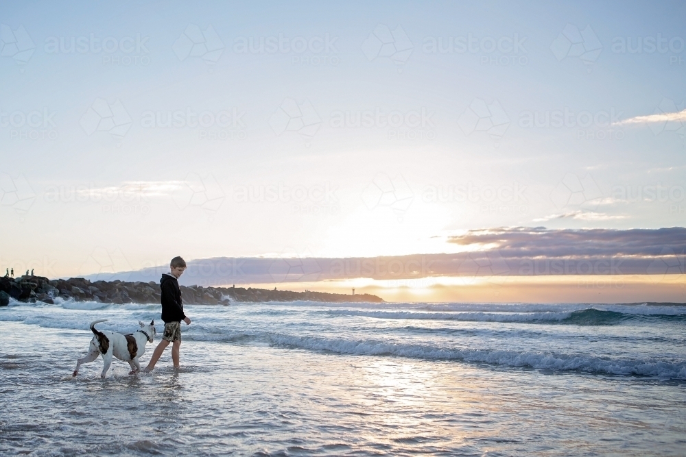Beach reflections with boy & Dog - Australian Stock Image