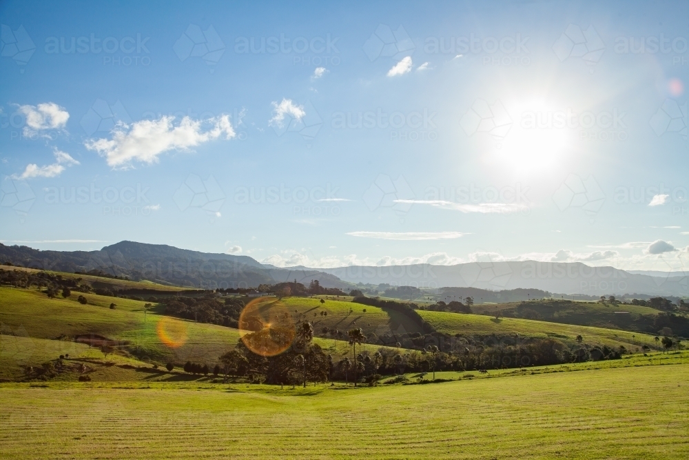 Beautiful green hills with sun flare shining over landscape - Australian Stock Image