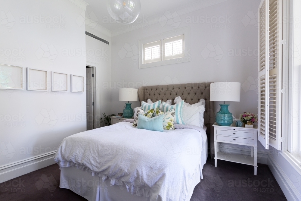 Beautiful master bedroom in Hamptons styled decor - Australian Stock Image