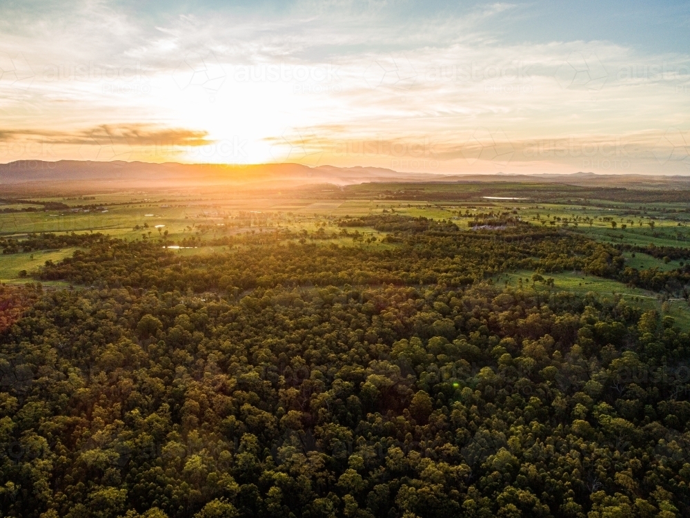 Beautiful sunset light over landscape of trees and farm land in Hunter Valley - Australian Stock Image