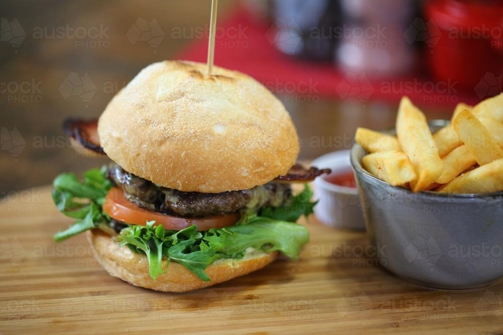 Beef burger and chips - Australian Stock Image