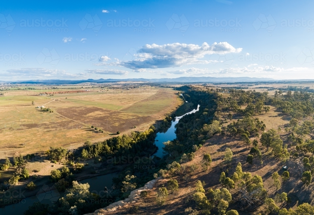Bend in Hunter River near Singleton and farms on Long Point - Australian Stock Image