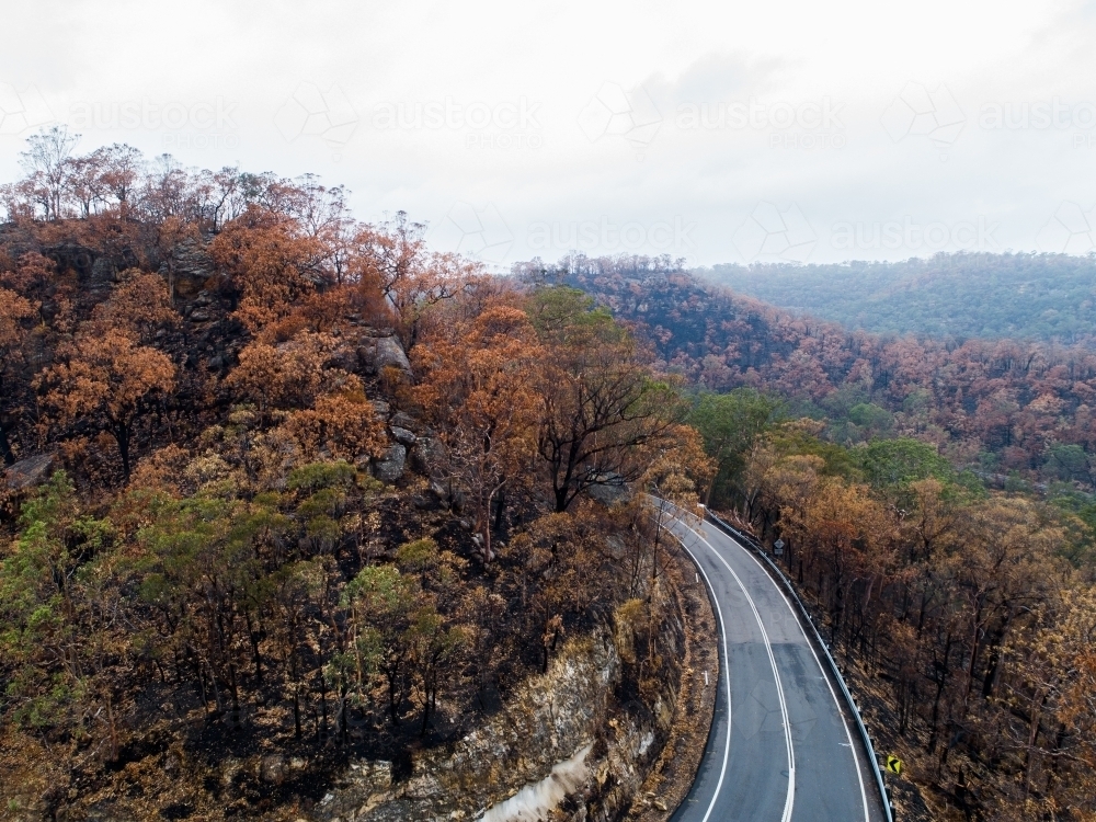 Bend in mountain road with burnt trees along the ridge lines after bushfire - Australian Stock Image