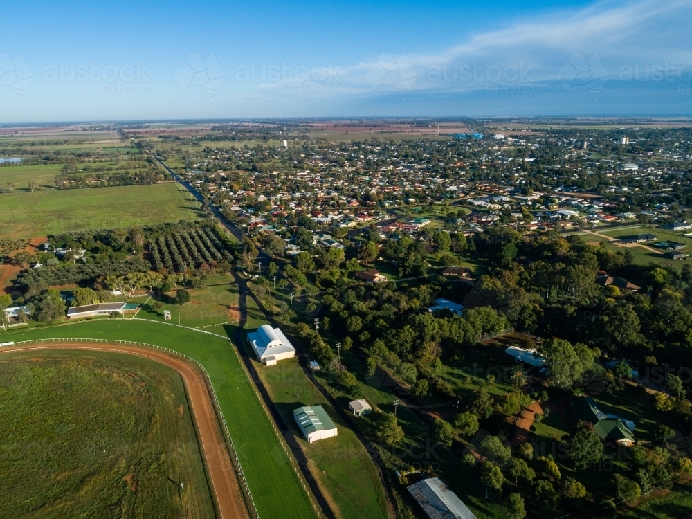 Bend in racecourse track from aerial perspective in rural NSW Australia - Australian Stock Image