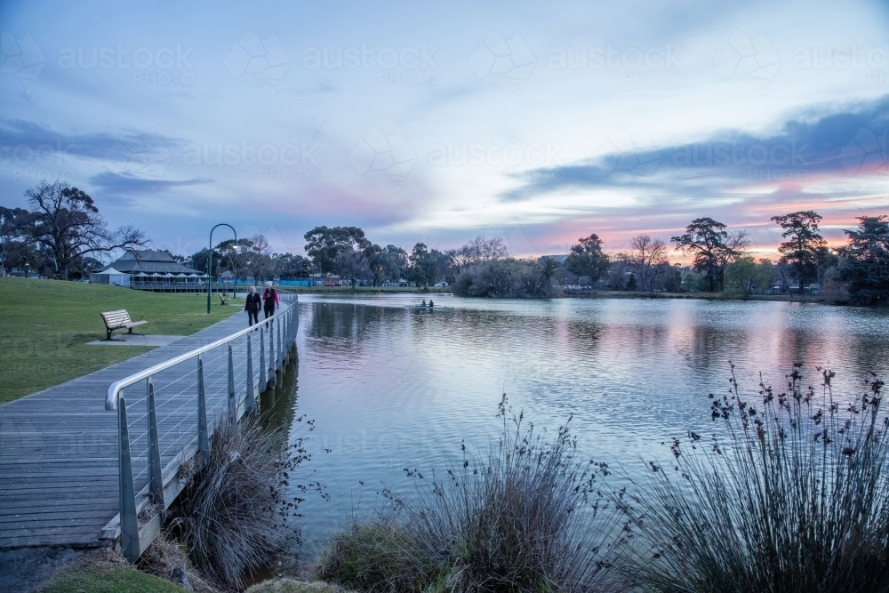 Bendigo Lake Weeroona Park and boardwalk at Sunset - Australian Stock Image