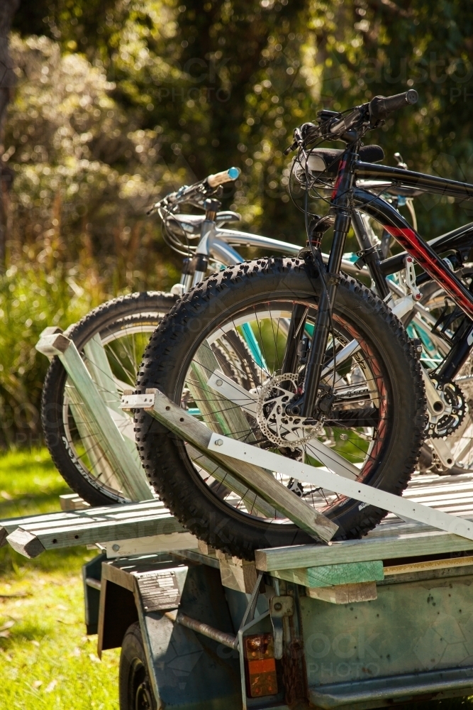Bicycles on home made bike rack on trailer - Australian Stock Image