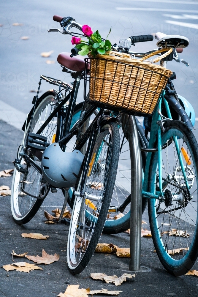 Bicycles parked on the city street. - Australian Stock Image