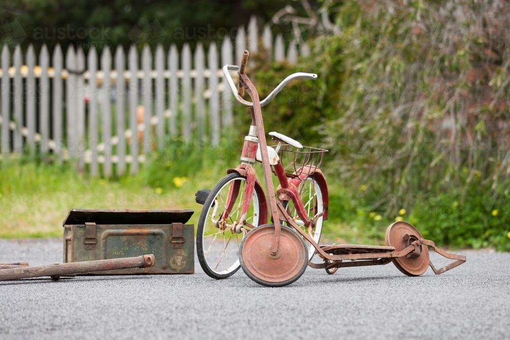 Bike, scooter and old box at a country market - Australian Stock Image