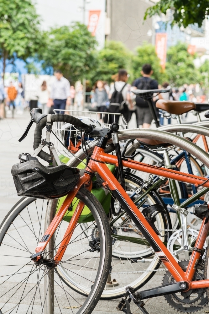 bikes locked up at university campus - Australian Stock Image