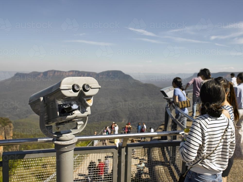 binoculars and tourists at Echo point lookout - Australian Stock Image