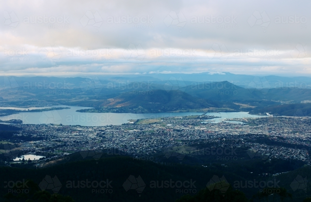 Birds eye view looking out over mountains, lakes and towns - Australian Stock Image