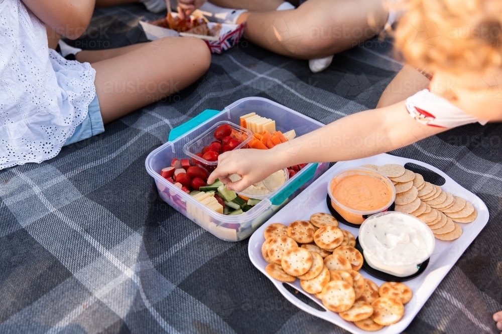 biscuits, dips and other snacks on a picnic rug - Australian Stock Image
