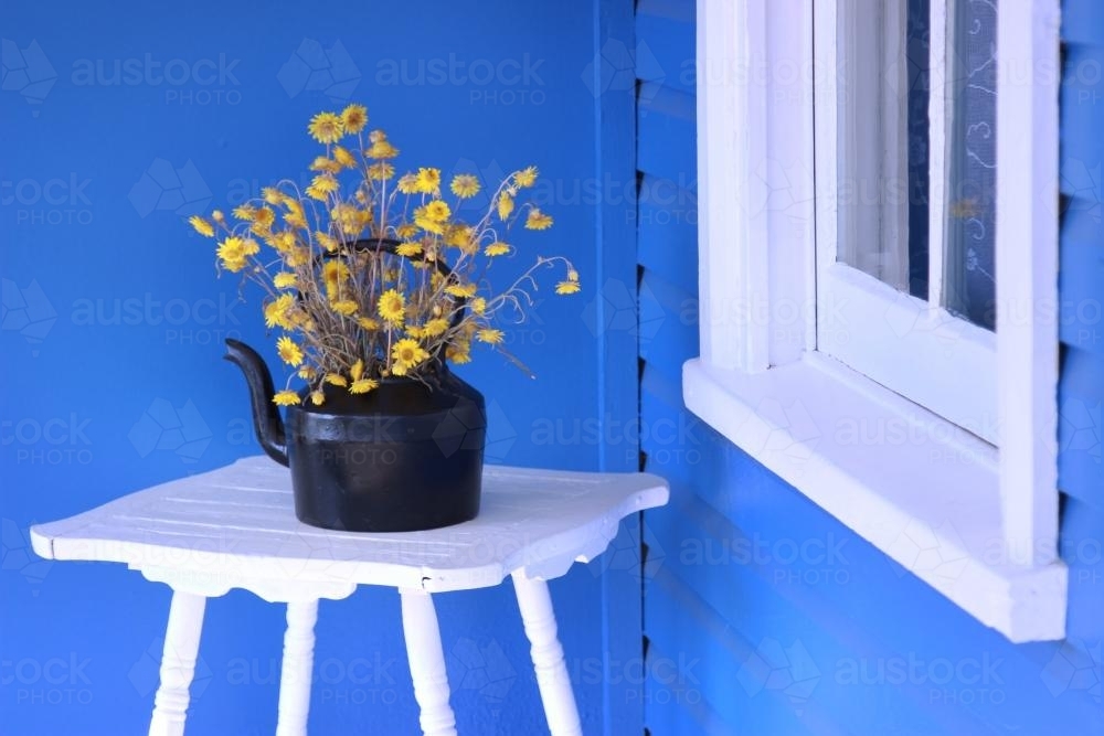 Black kettle with yellow flowers, on a white stand with blue background - Australian Stock Image