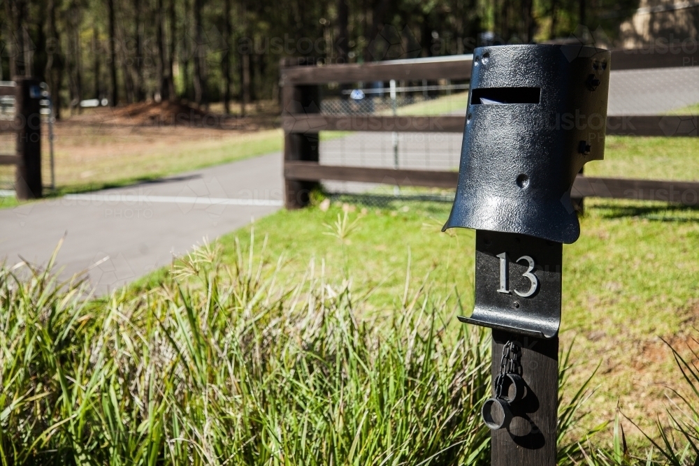 Black Ned Kelly bushranger helmet mailbox - Australian Stock Image