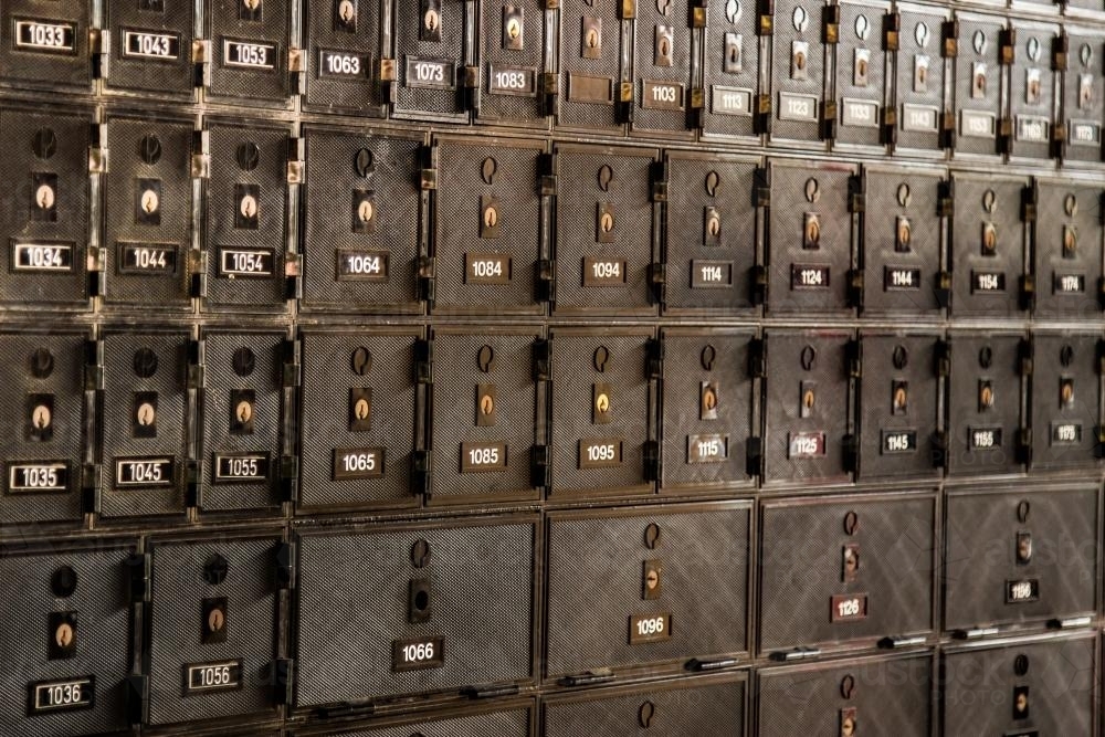 Image of Black post office boxes Austockphoto