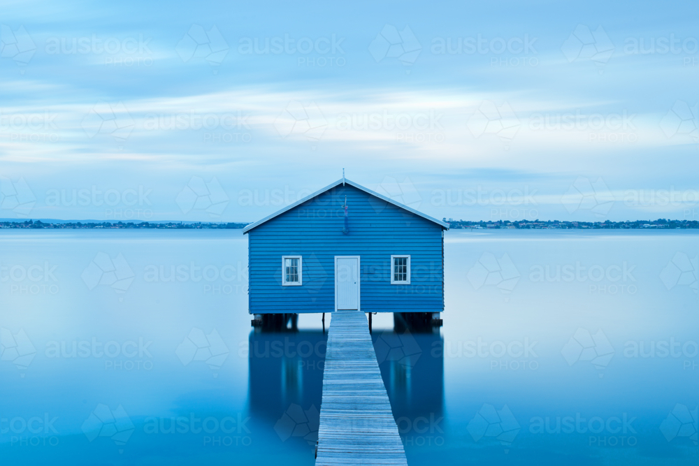 Blue Boat House On River - Australian Stock Image
