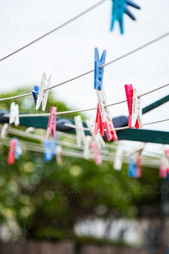 Blue pink and white plastic clothes pegs on a washing line - Australian Stock Image