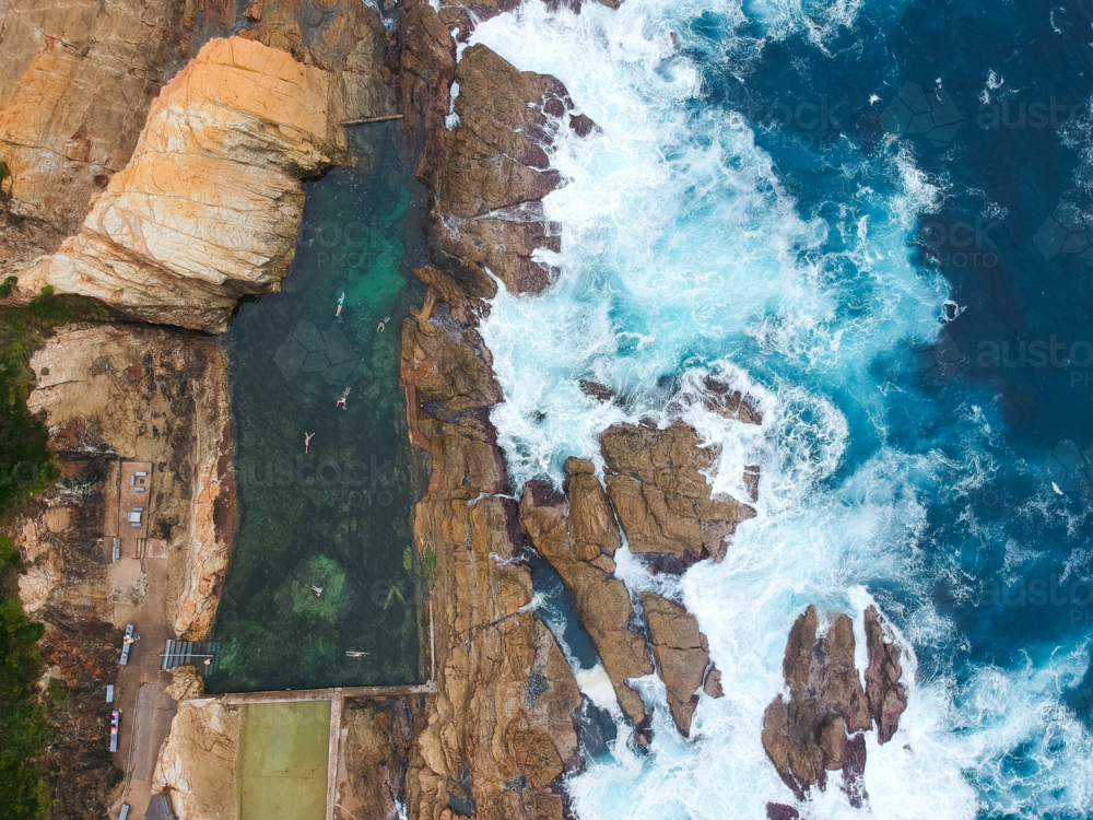 Blue pool and ocean at Bermagui from above - Australian Stock Image