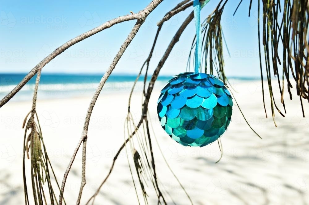 blue shiny christmas bauble on a tree at the beach - Australian Stock Image