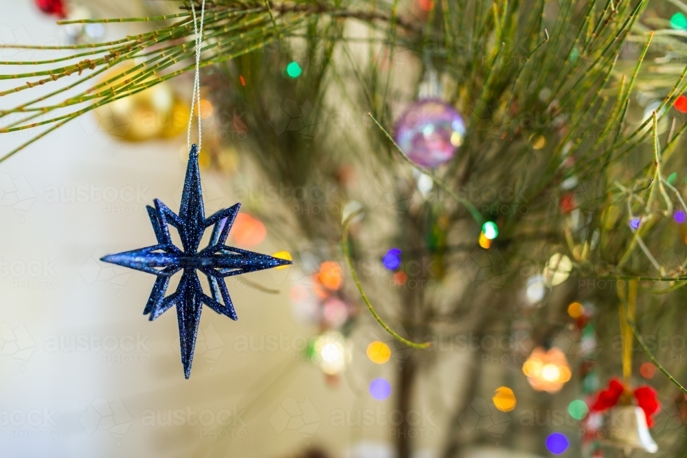 Image of Blue star Christmas decoration hanging on tree - Austockphoto