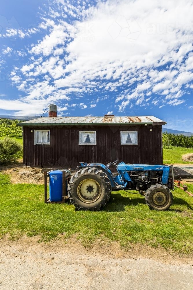 Blue tractor in front of small building - Australian Stock Image