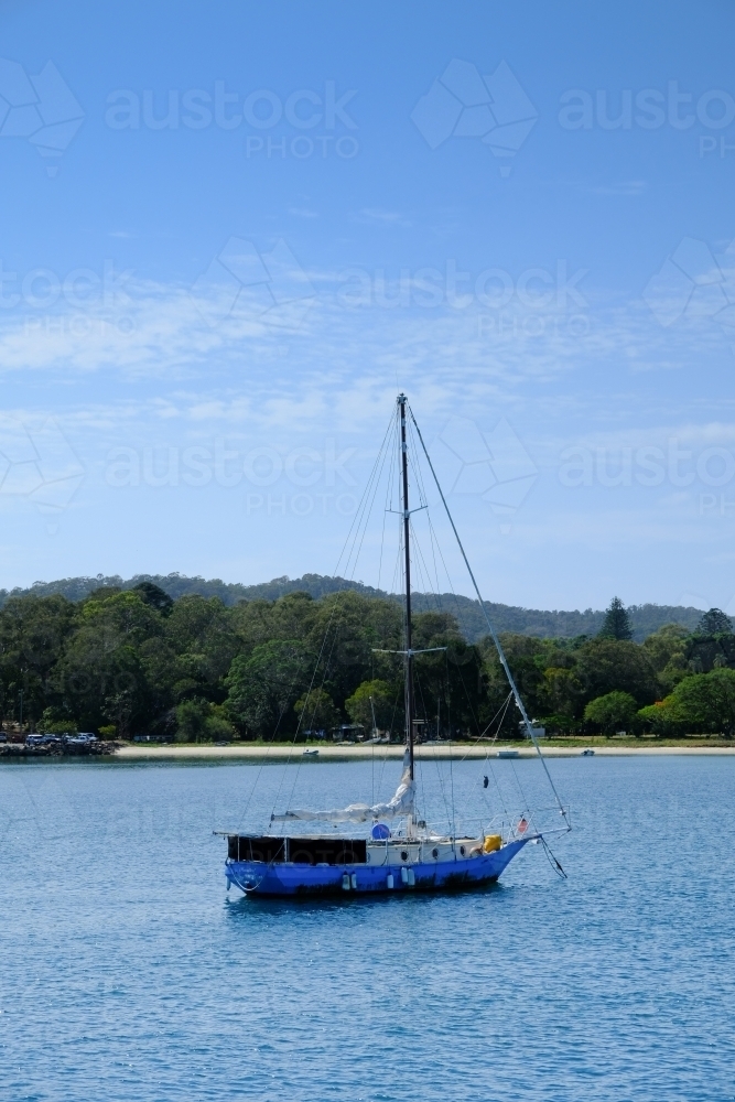 Boat anchored off Dunwich, Straddie - Australian Stock Image