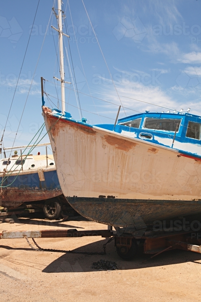 Boat on dry land awaiting repairs in New South Wales - Australian Stock Image