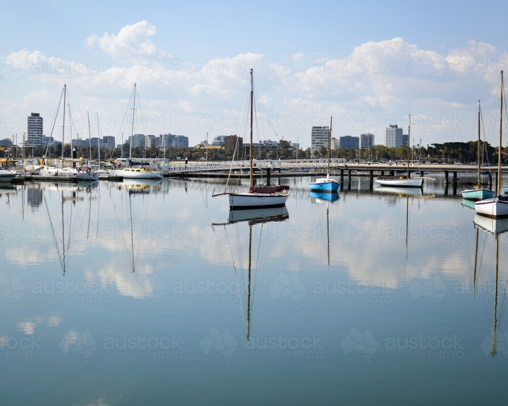 Boat reflections at St Kilda harbor - Australian Stock Image
