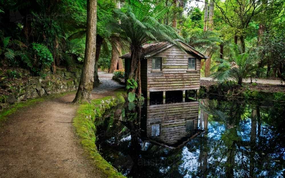 Boat shed beside a lake in a forest - Australian Stock Image