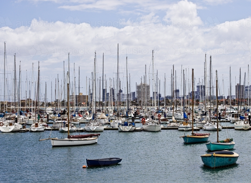 Boats anchored at a Melbourne harbour - Australian Stock Image